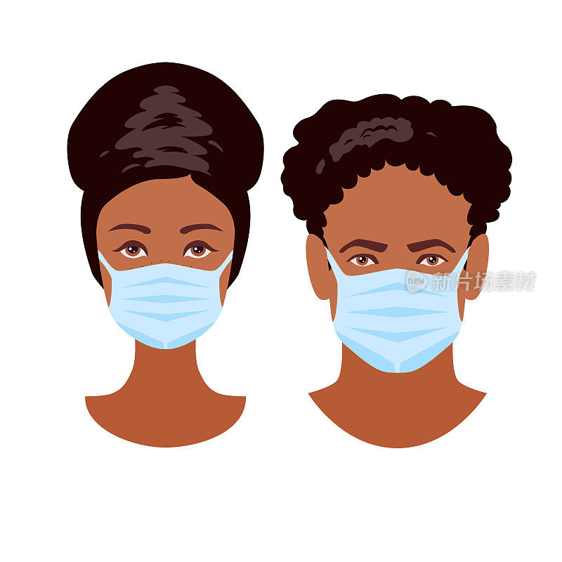 Two human heads in medicine masks. Protection in prevention for coronavirus. Man and Woman young faces isolated on white background. Afro American male and female user icons. Stock vector illustration